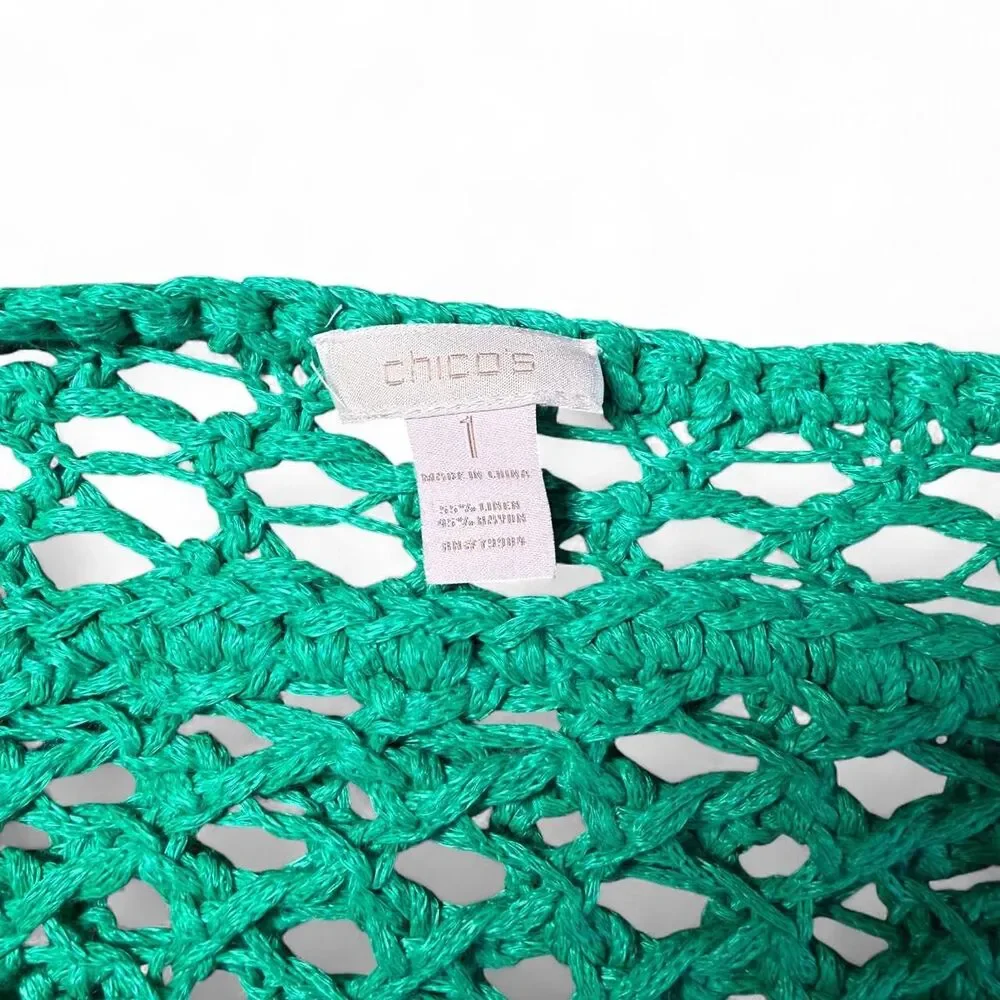 Chico's Open Knit Crochet Sweater Green Linen Blend Mesh Net Pullover Size 1 M/L